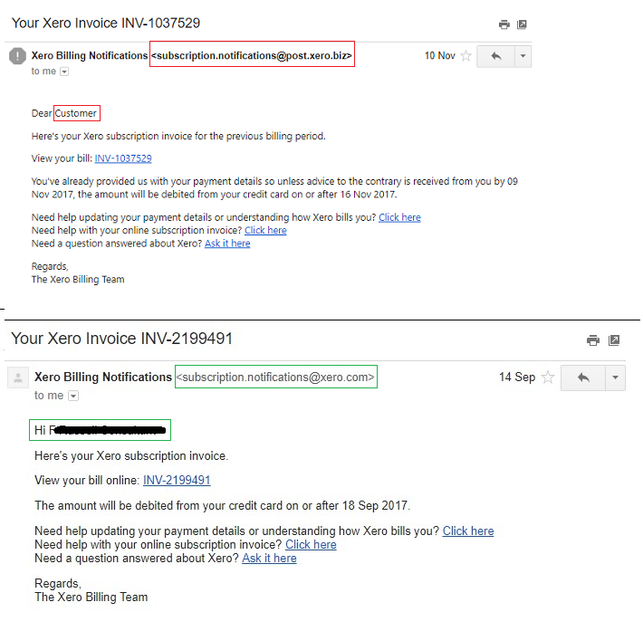Phishing example XERO web